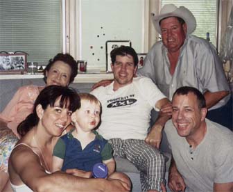  Shifflettes with relationship to John:  (front) Heidi, niece; Lacy, son; John, William A., brother; (Back) Lucia, mother; Tommy Shifflett, Texas cousin who resides at Lacylans